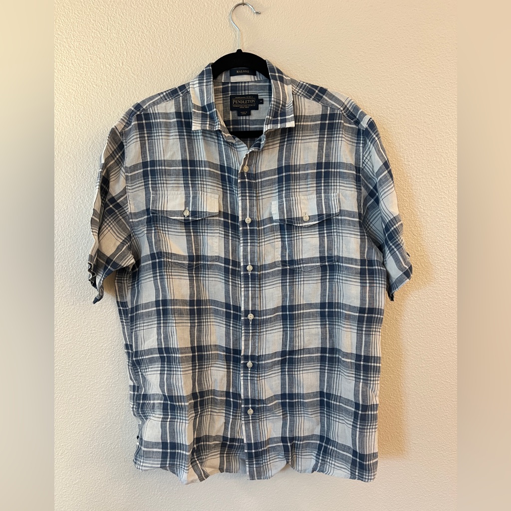 Pendleton Men's Malone Linen Plaid Button Up Short Sleeve Shirt Size Medium